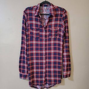 Vanity Womens Tunic Top‎ Size Small Burgundy Blue Plaid Split Seams Button Front